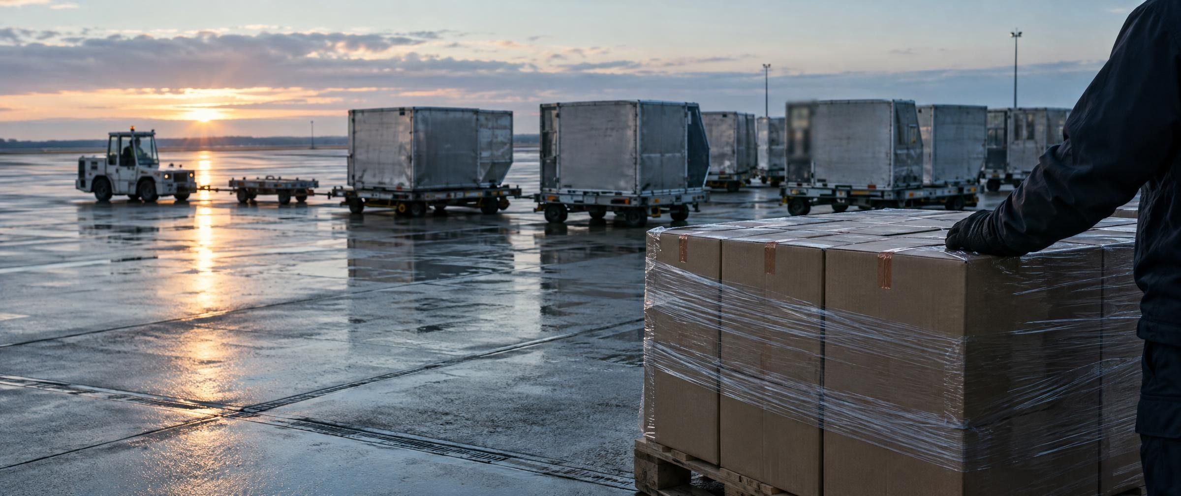Air-freight containers on an apron at dawn, a wrapped pallet of sealed cartons in front