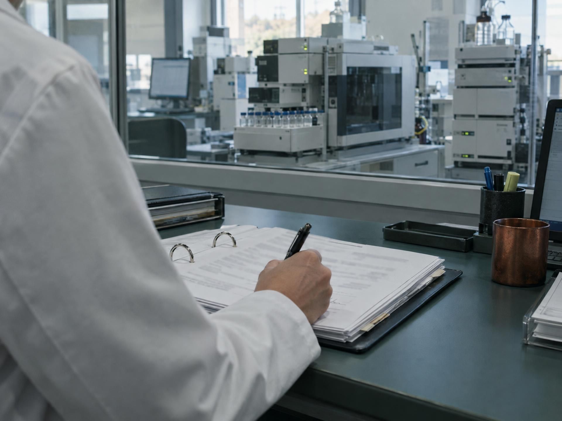 A batch record being signed in a quality-control laboratory