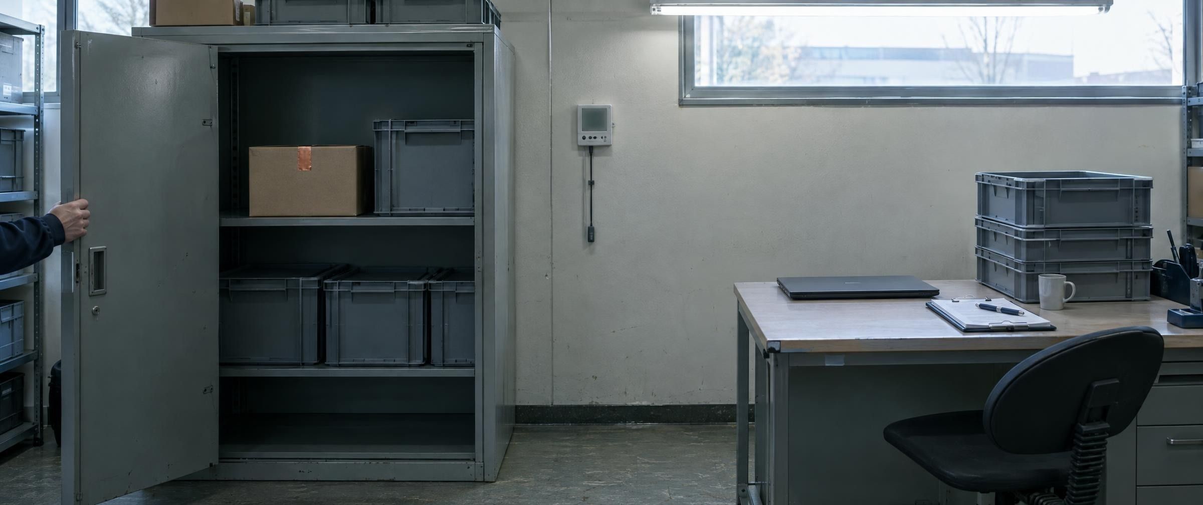 A pharmacy storeroom with a lockable steel cabinet