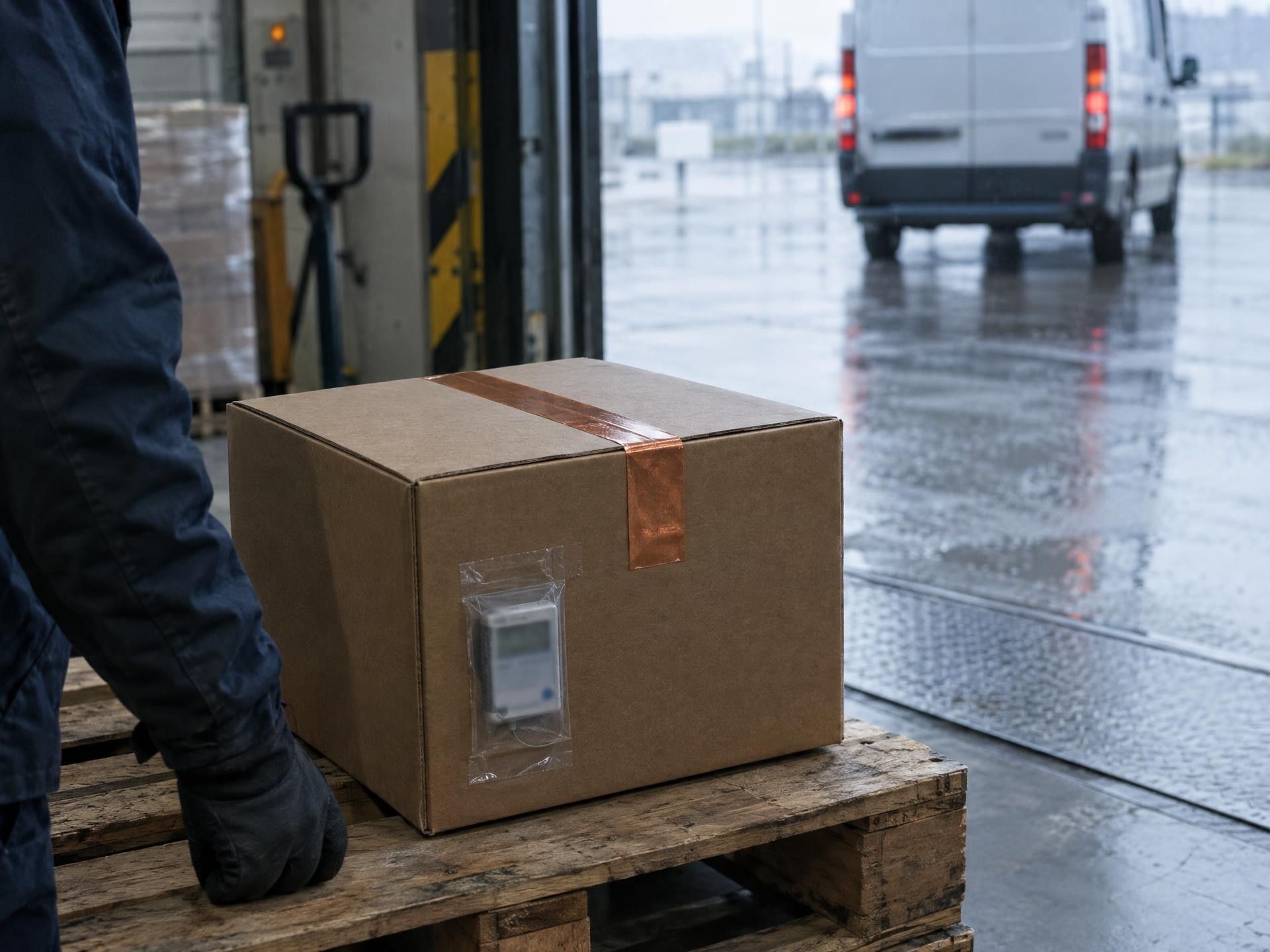 A sealed shipping carton with a temperature logger at a loading dock